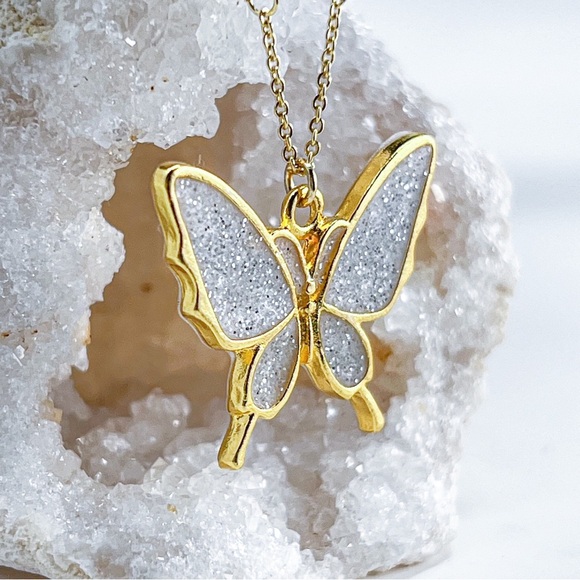 3/$20 14k Gold White Glitter Resin Butterfly Handmade Charm Pendant Necklace - Picture 5 of 6